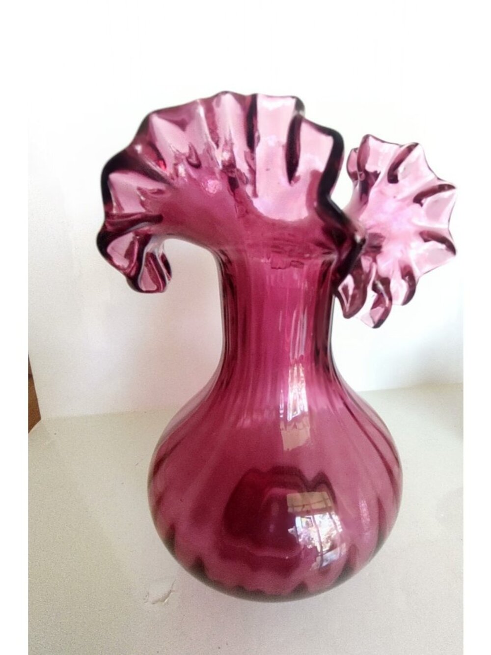 Fenton Art Glass Cranberry Vase Cimped Flared edges melon ribbed pattern